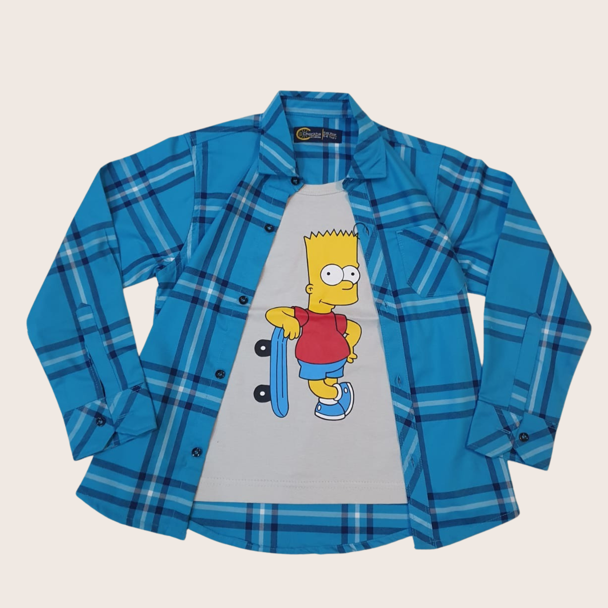 Boys Skateboard Cartoon Graphic T-Shirt with Blue Checked Shirt