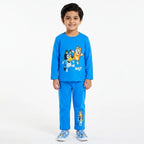 Boy wearing a sky blue Bluey-themed 2-piece coord set by Lil' Cubs, size 1 to 12 years, featuring a t-shirt and shorts.