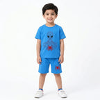 Boys sky blue spider summer 2-piece coord set for ages 1-12, featuring a matching top and shorts from lilcubspk.