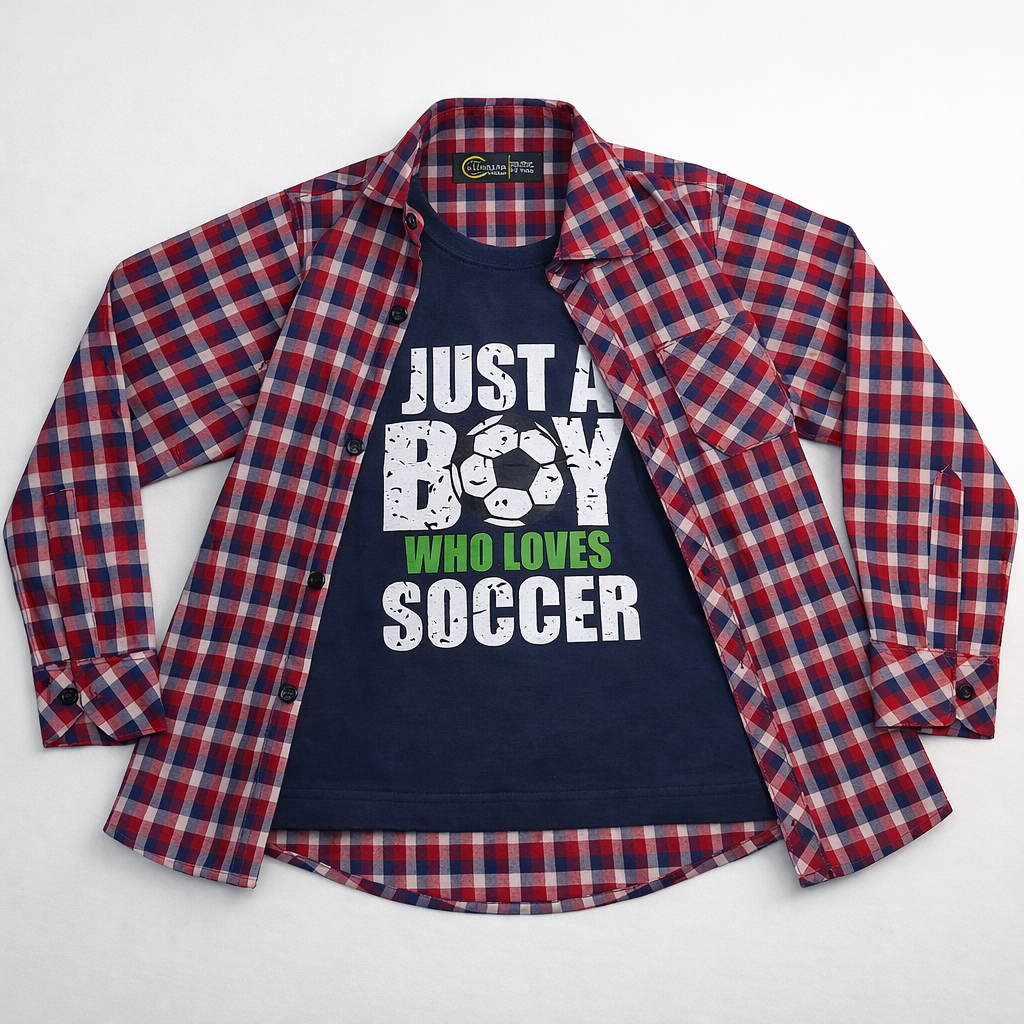 Boys Soccer Graphic T-Shirt with Red Check Shirt 