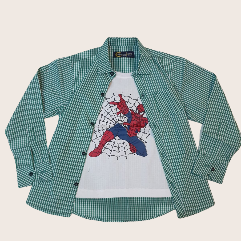Boys Spider Superhero Graphic T-Shirt with Green Checked Shirt 