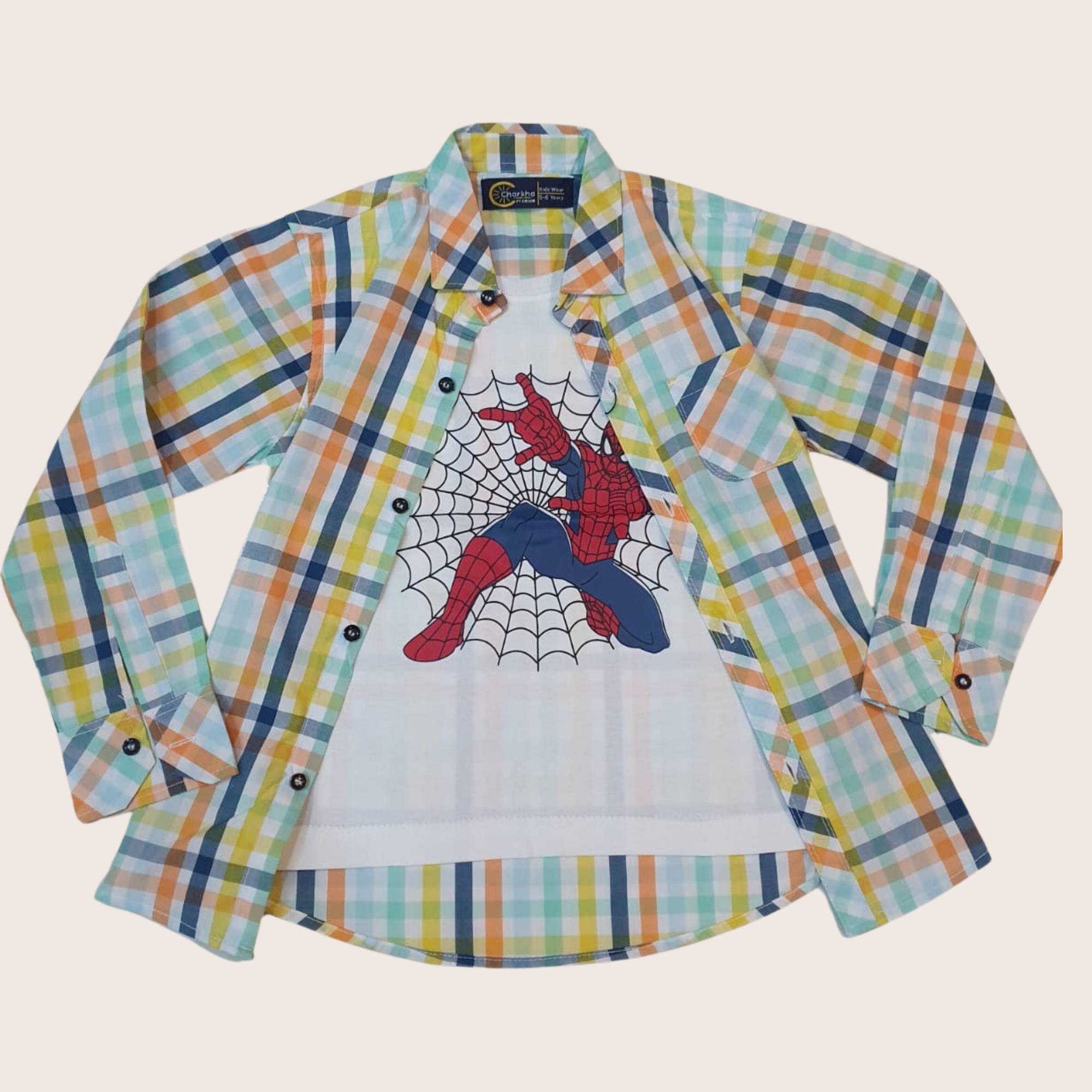 Boys Spider Superhero Graphic T-Shirt with Multicolor Checked Shirt