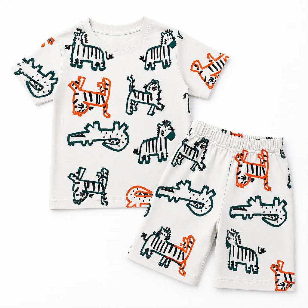 Boys White 14th August Animals Summer Coord Set (2 Piece) Age 1 - 12 Years