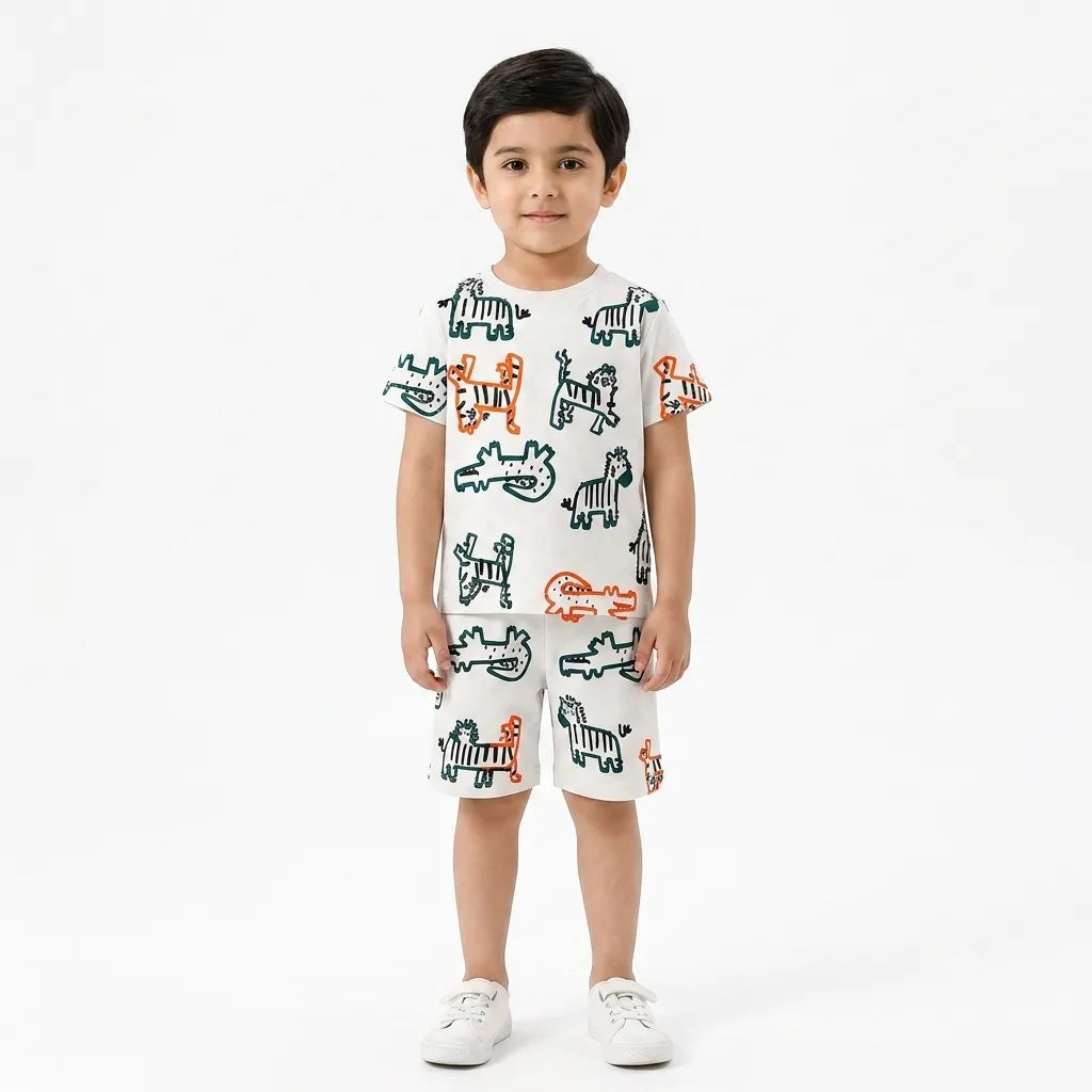 Boys White 14th August Animals Summer Coord Set (2 Piece) Age 1 - 12 Years