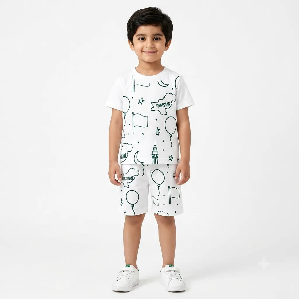 Boys White 14th August Celebration Summer Coord Set (2 Piece) Age 1 - 12 Years
