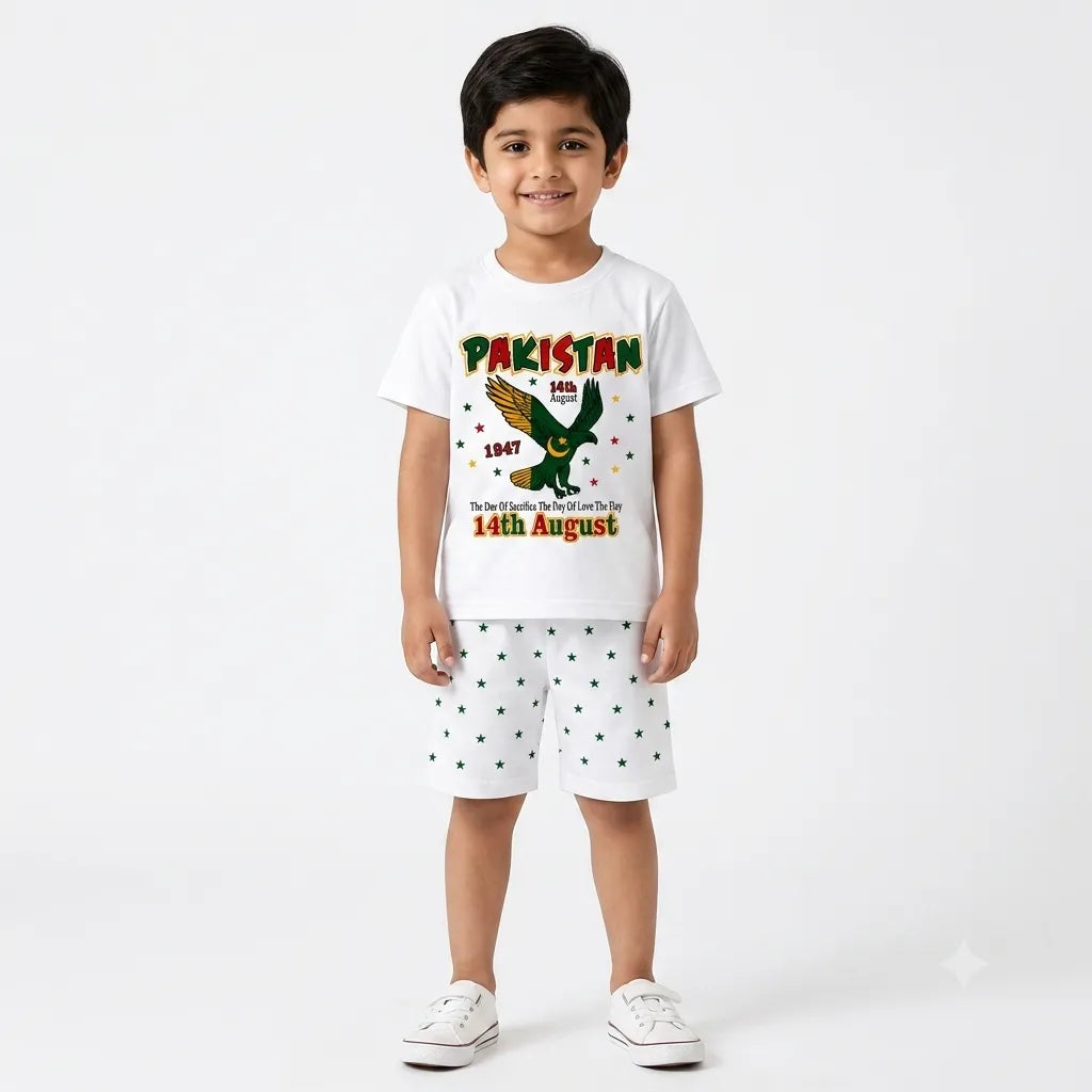 Boys White 14th August Eagle Summer Coord Set (2 Piece) Age 1 - 12 Years