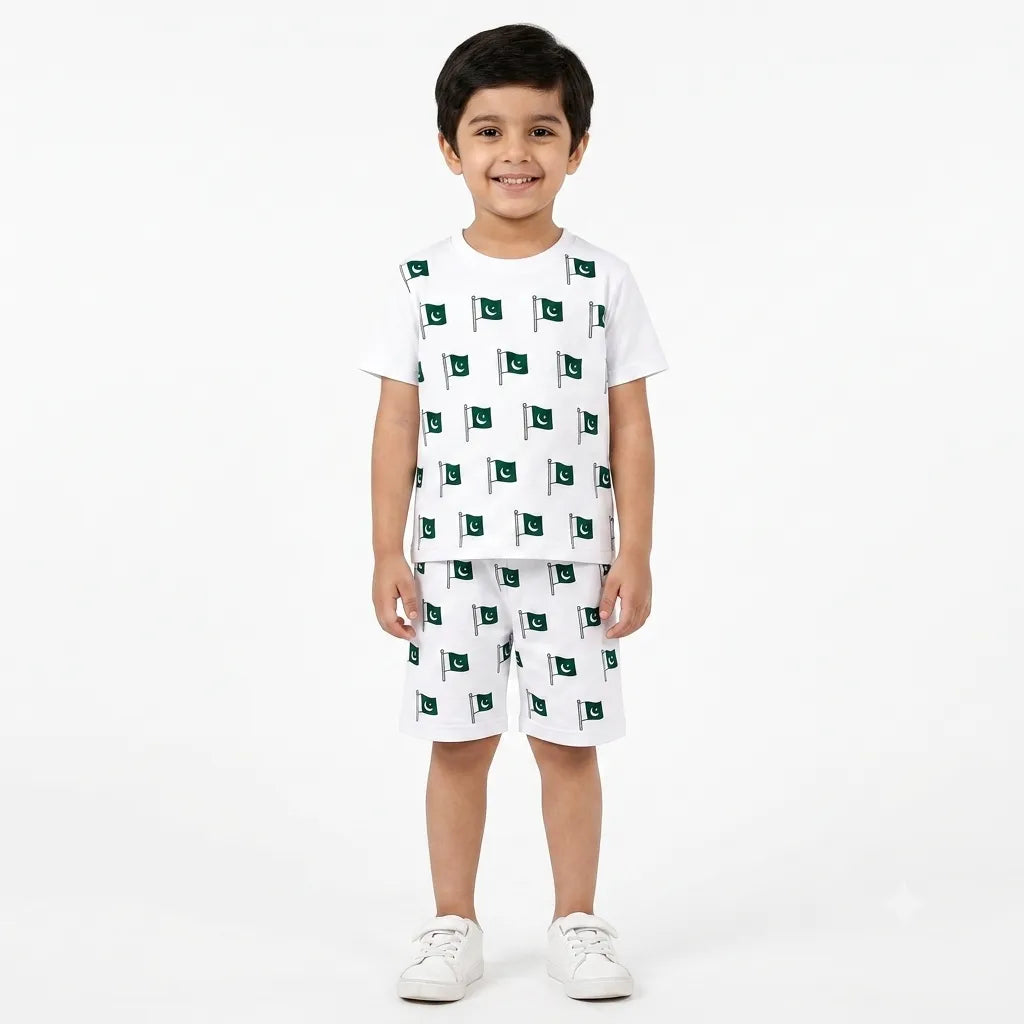 Boys White 14th August Flag Summer Coord Set (2 Piece) Age 1 - 12 Years