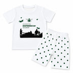 Boy's white 14th August Pakistan Army summer coord set, 2-piece outfit for ages 1 to 12, featuring patriotic design and comfortable fabric.