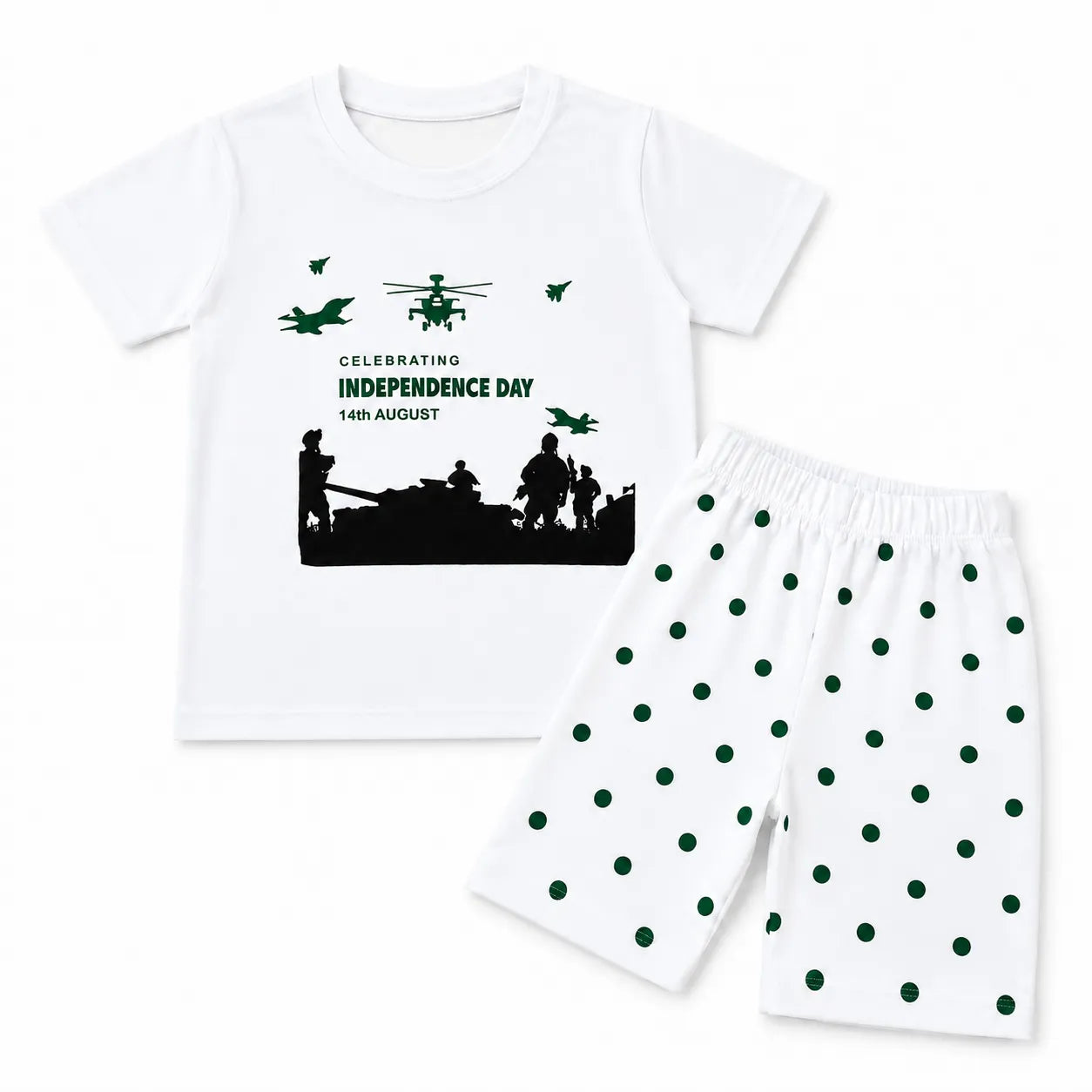 Boys White 14th August Pakistan Army Summer Coord Set (2 Piece) Age 1 - 12 Years