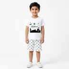Boys white 14th August Pakistan Army summer coord set with t-shirt and shorts, designed for ages 1 to 12 years by lilcubspk.