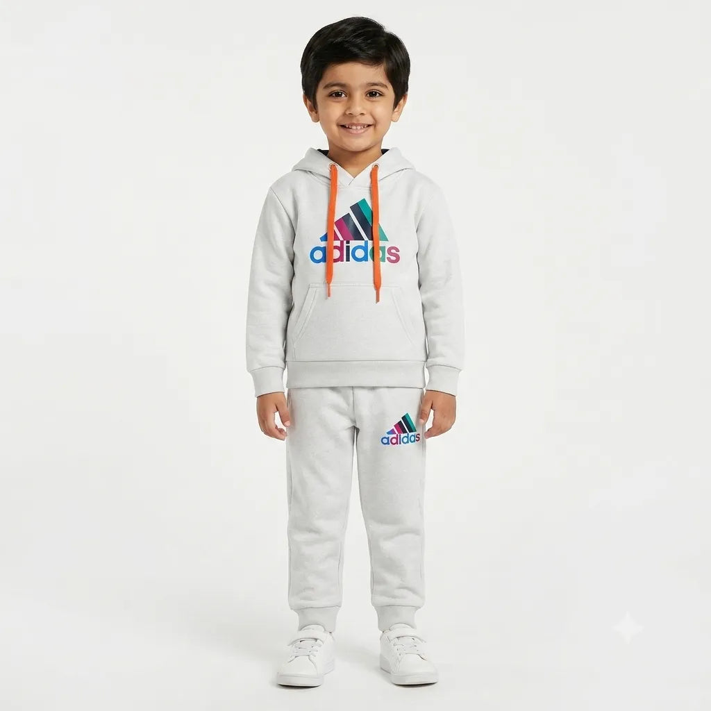 Boys white and grey Adidas winter hoodie tracksuit set by Lil' Cubs, includes hoodie and matching pants for ages 1 to 12 years.