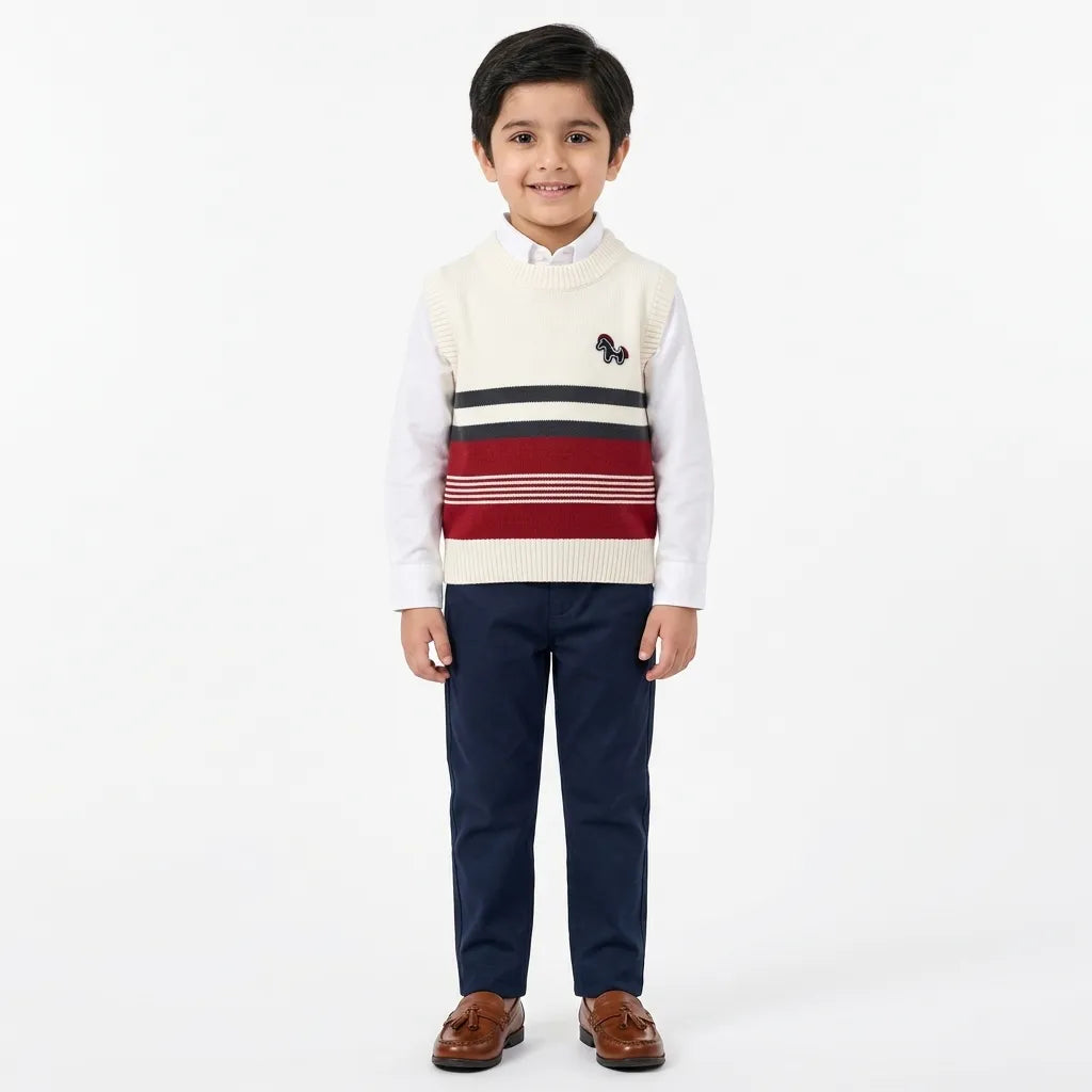 Boys White Winter Sleeveless Sweater with Horse Design (Size 1 - 4 Years)