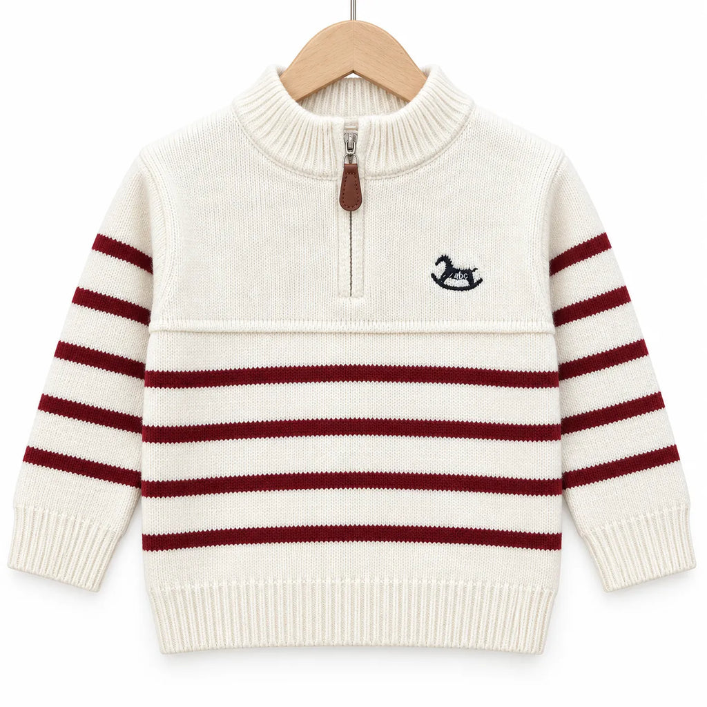 Boys White Winter Sweater with Striped Pattern & Horse Design (Size 1 - 4 Years)