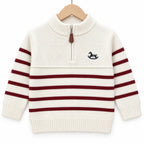 Boys White Winter Sweater with Striped Pattern & Horse Design (Size 1 - 4 Years)