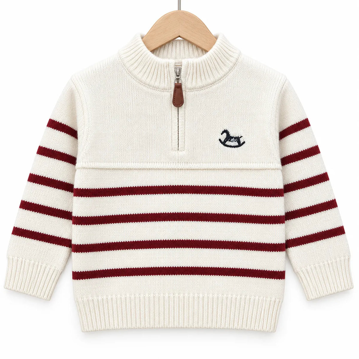 Boys White Winter Sweater with Striped Pattern & Horse Design (Size 1 - 4 Years)