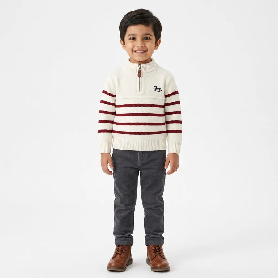 Boys White Winter Sweater with Striped Pattern & Horse Design (Size 1 - 4 Years)