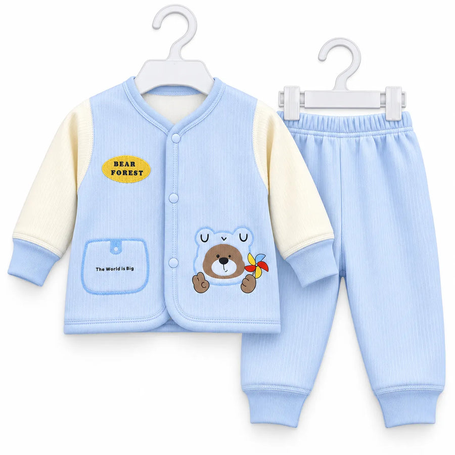 Boys Winter Imported Suiting Sky Blue Bear Forest Print (Size 0 - 6 Months)