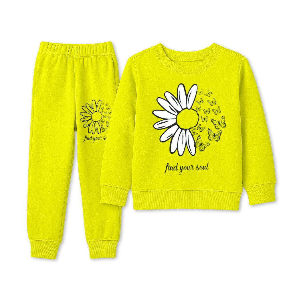 Bright Yellow Daisy & Butterfly Kids Tracksuit Set