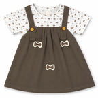 Girls brown bow cotton frock by lilcubspk with a large bow detail, suitable for ages 3 months to 3 years, soft and comfortable fabric.