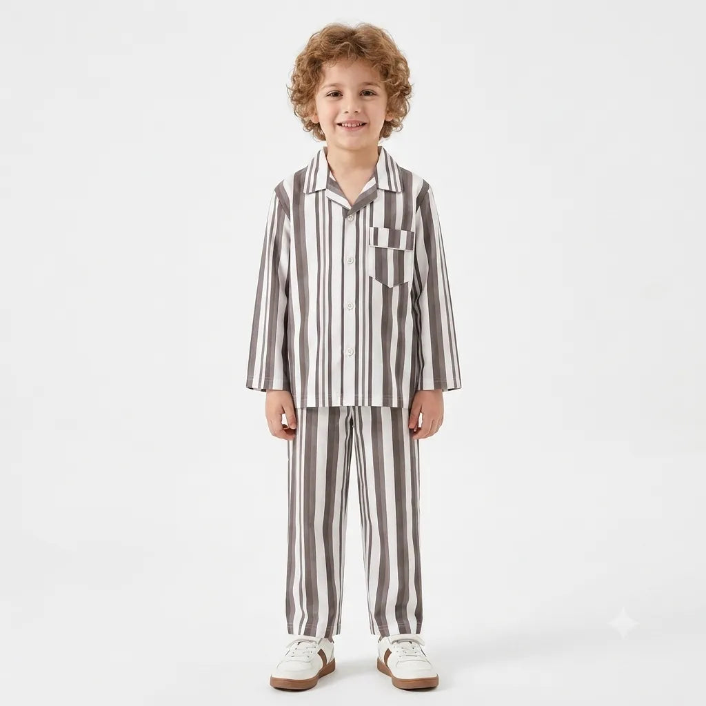 Brown and white striped cotton summer night suit for kids by Lil Cubs