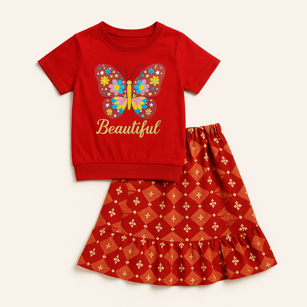 Red butterfly print t-shirt and floral printed skirt set for girls

