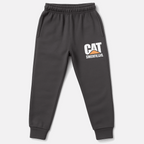 Charcoal grey fleece jogger pants for boys with CAT Caterpillar logo

