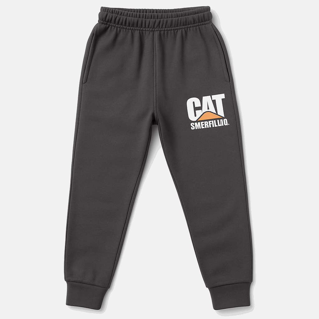 Charcoal grey fleece jogger pants for boys with CAT Caterpillar logo

