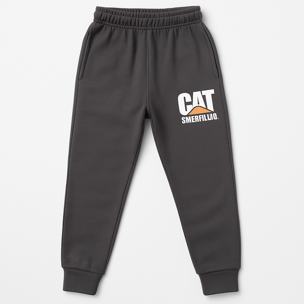 Charcoal grey fleece jogger pants for boys with CAT Caterpillar logo

