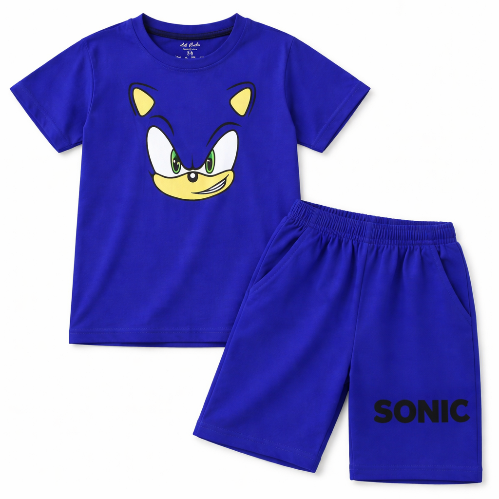 Blue Sonic boys' summer coord set for ages 2-12, featuring a T-shirt and shorts with Sonic the Hedgehog design by lilcubspk.