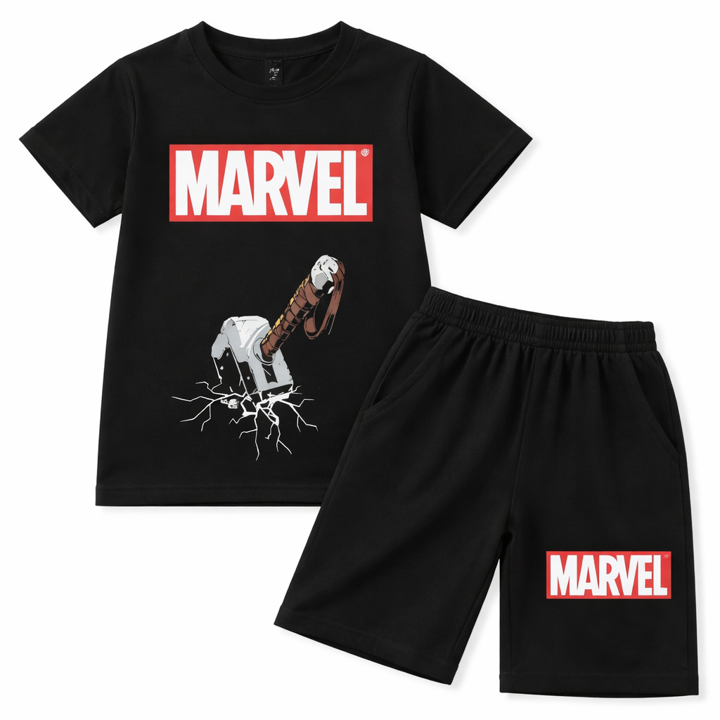 Black Marvel Thor boys’ summer coord set for ages 2-12, includes T-shirt and shorts with Marvel Thor graphic, by lilcubspk.
