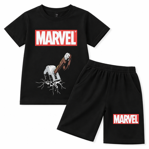Black Marvel Thor boys’ summer coord set for ages 2-12, includes T-shirt and shorts with Marvel Thor graphic, by lilcubspk.