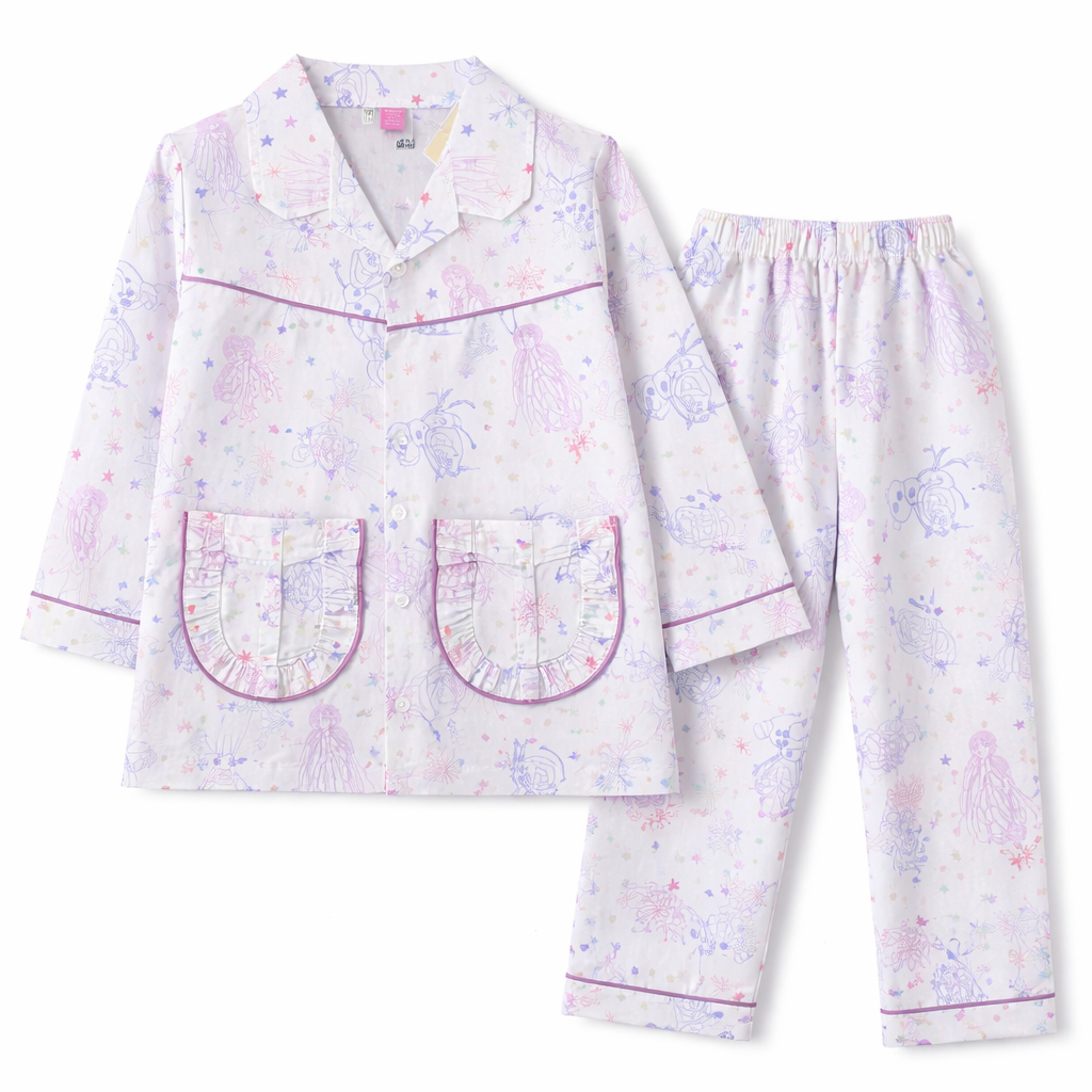 White snowman and girl print summer night suit for kids aged 5 to 12, made by lilcubspk, featuring a comfortable two-piece design.