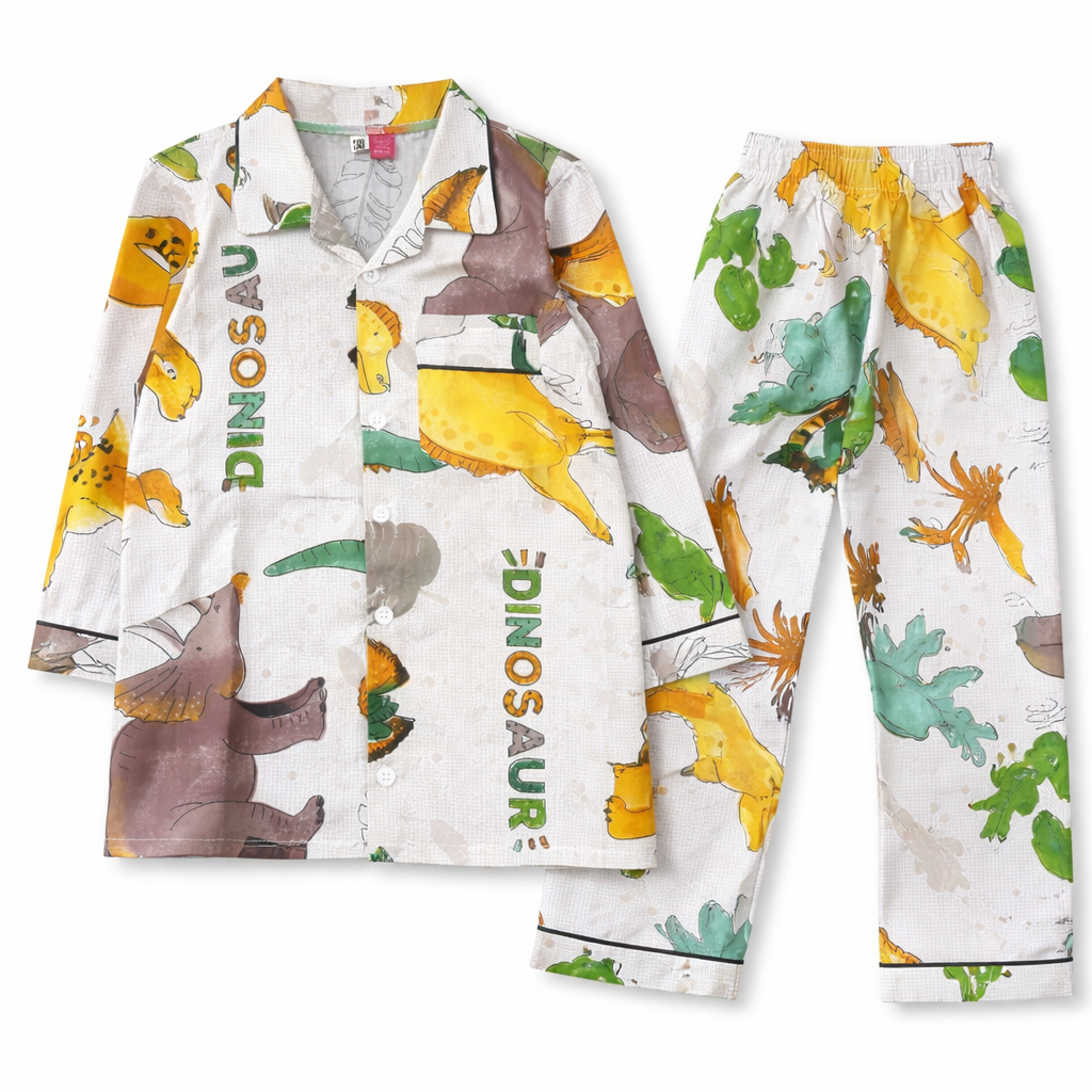White dino print boys' summer night suit, two-piece set for ages 5-12, featuring fun dinosaur designs by lilcubspk.