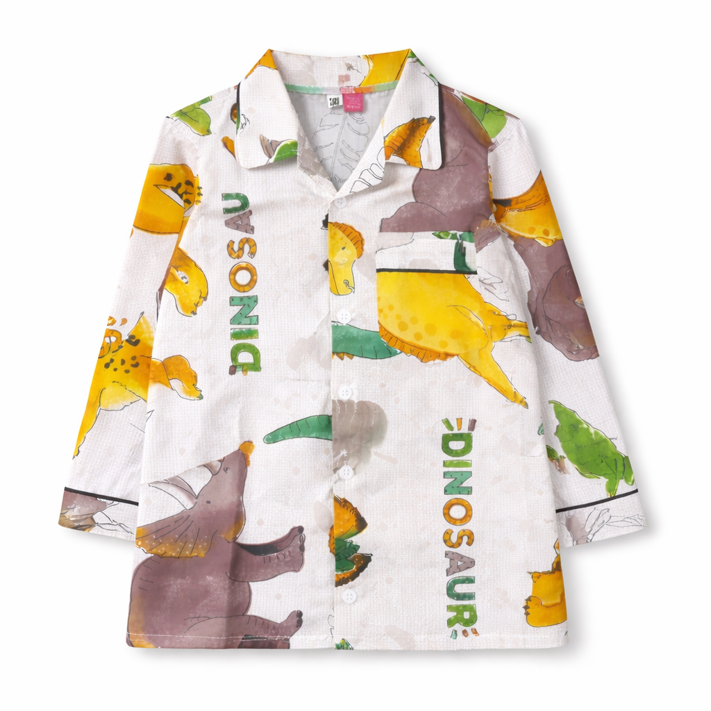 White dino print boys' summer night suit, 2-piece set for ages 5 to 12, featuring comfortable fabric and playful dinosaur design.
