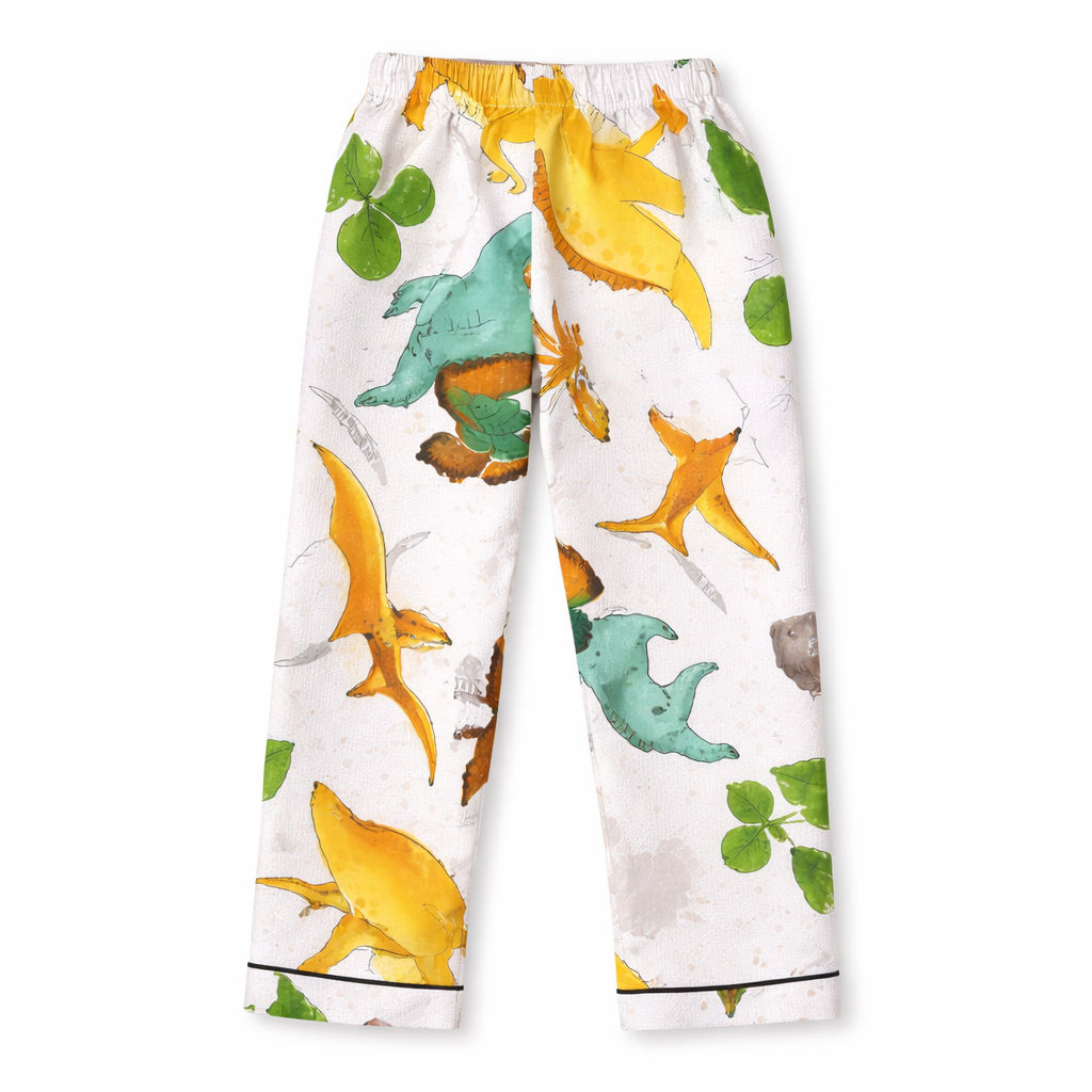 White dino print boys' summer night suit for ages 5-12, two-piece pajamas by lilcubspk with colorful dinosaur designs.