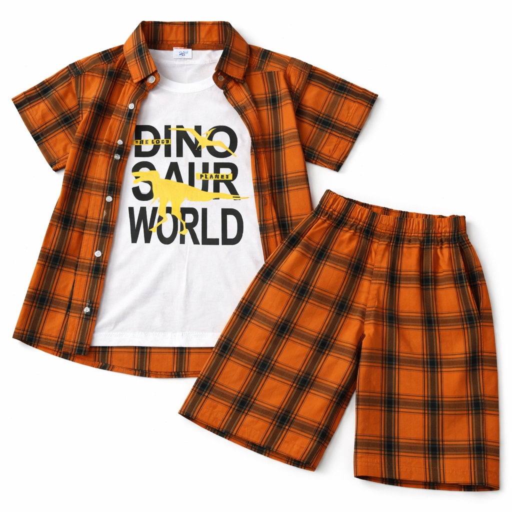 Orange check 2-piece summer boys' coord set by lilcubspk, includes a short-sleeve top and shorts for ages 1 to 12.