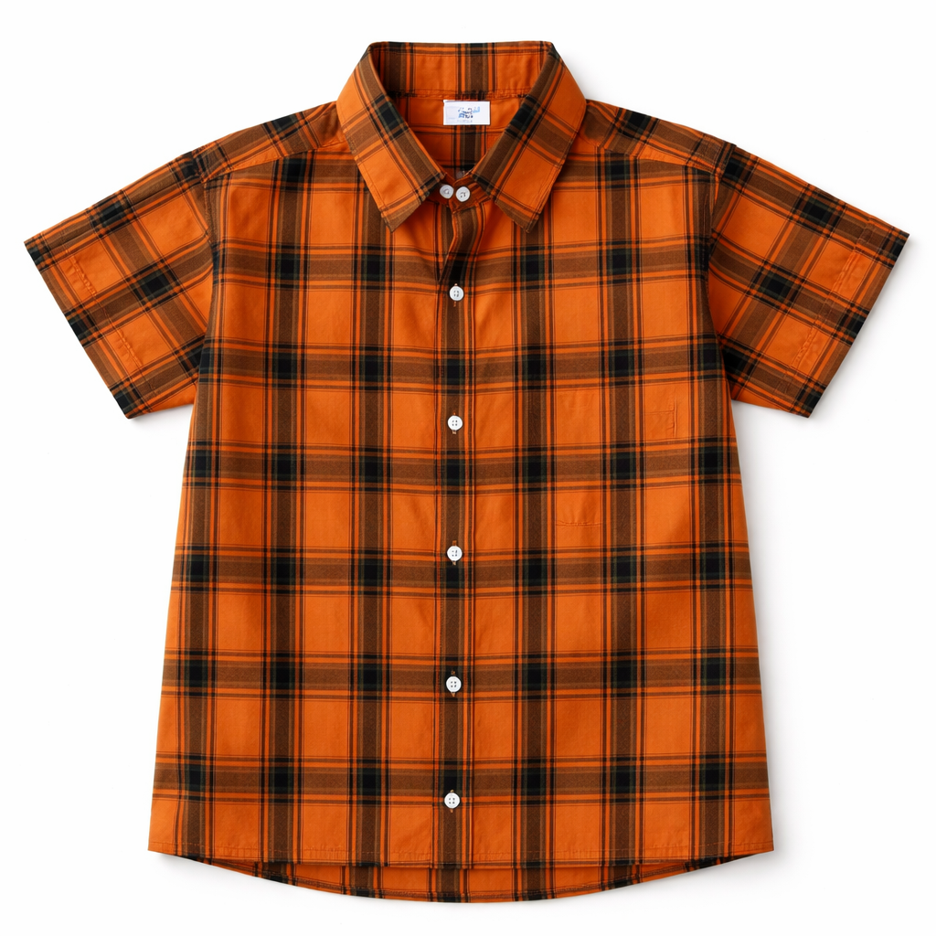 Orange checkered boys' summer coord set by lilcubspk, includes a sleeveless top and shorts for ages 1 to 12 years.