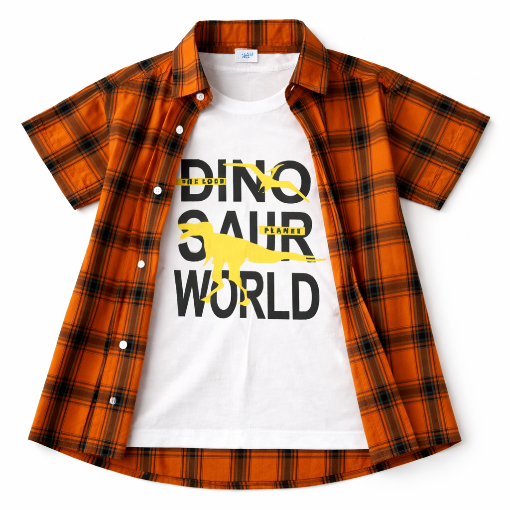 Orange checkered boys' summer coord set by lilcubspk, includes a short-sleeve top and shorts for ages 1 to 12 years.