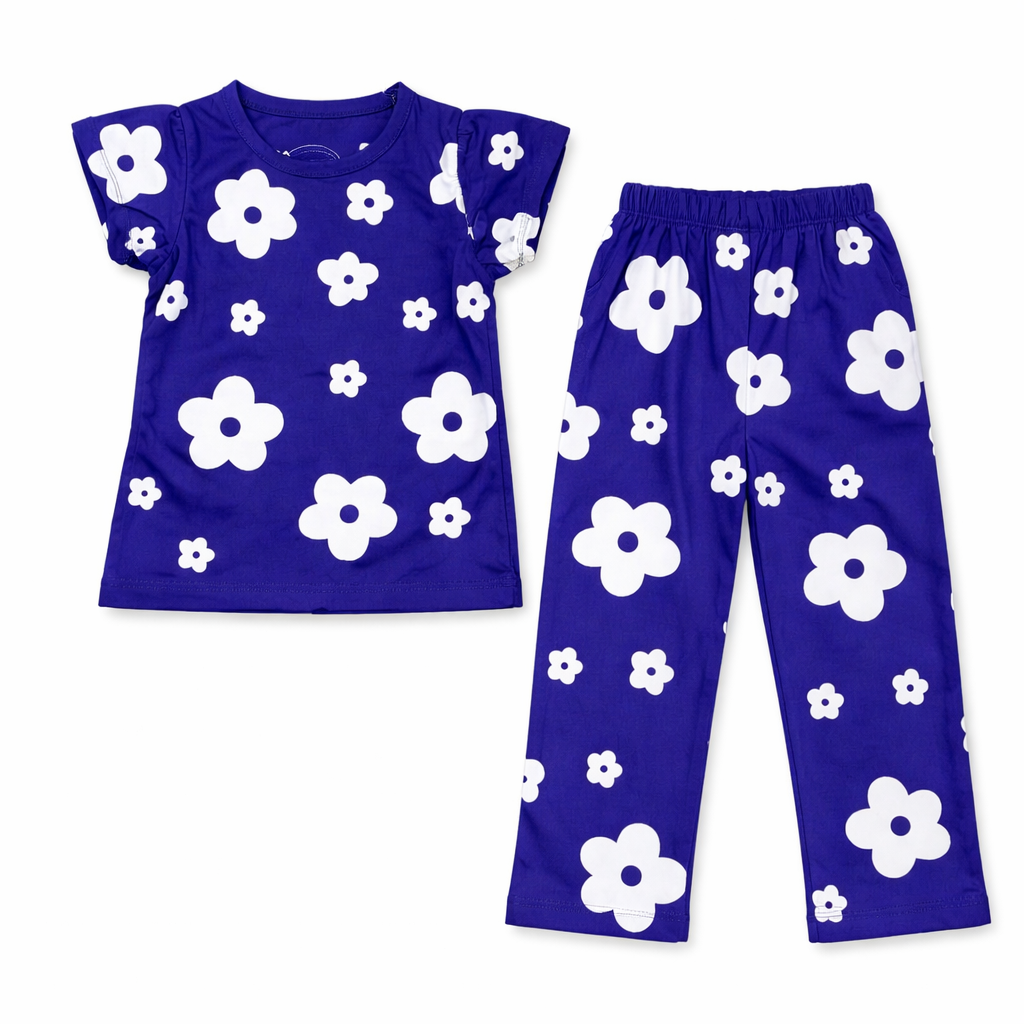 Girls' blue summer coord set with flower print by lilcubspk, featuring a sleeveless top and matching shorts for ages 1-12.