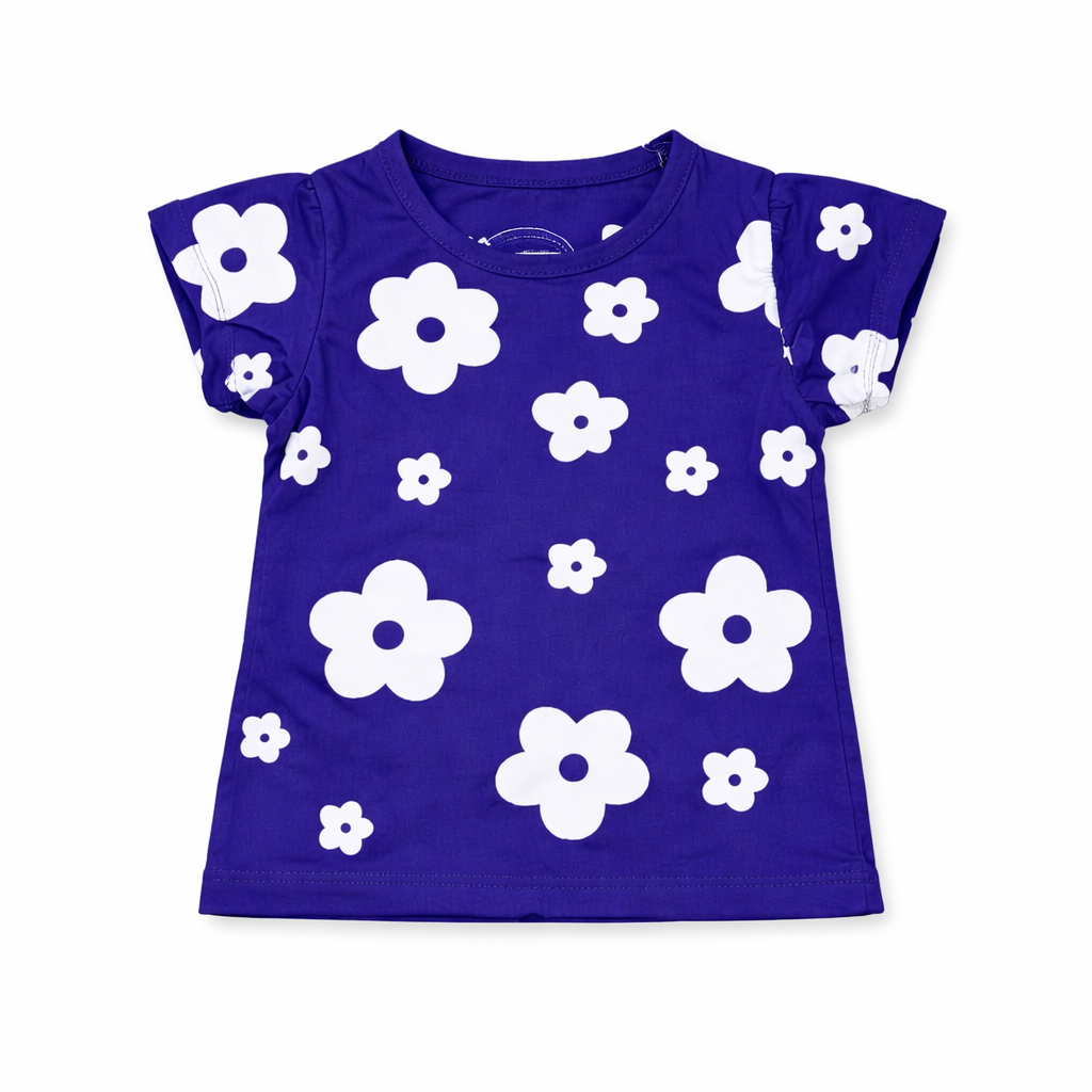 Girls blue summer coord set with flower print from lilcubspk, featuring a top and shorts for ages 1-12.