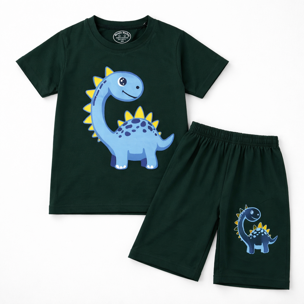 Dark green dinosaur-themed boys' summer coord set with T-shirt and shorts for ages 1-12, by lilcubspk.