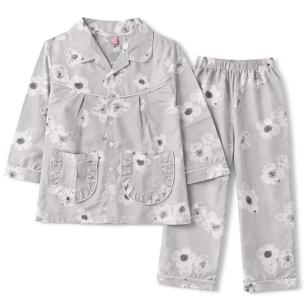 Grey Flower Girl Print 2 Piece Summer Night Suit for 5 - 12 Years - Lil' Cubs