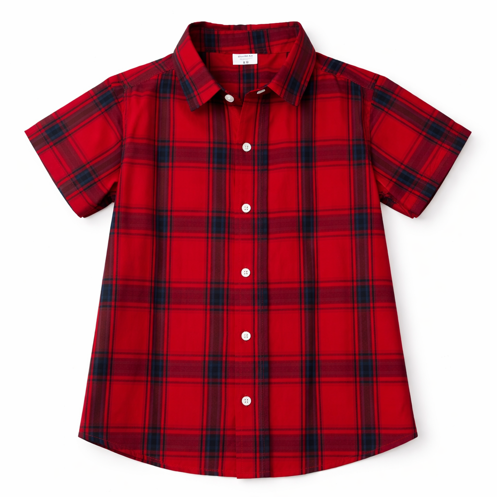 Red check 2-piece summer coord set for boys, ages 1-12, with a short-sleeve top and shorts by lilcubspk
