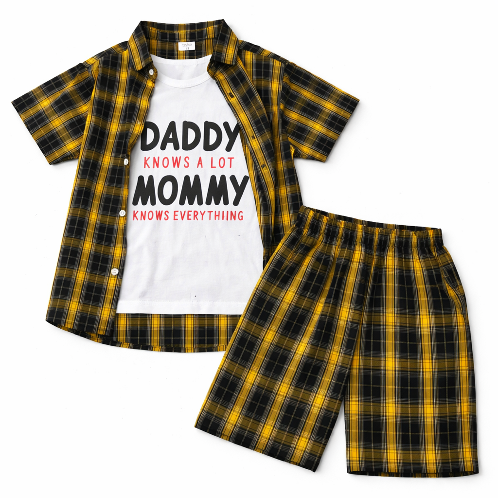 Yellow checkered 2-piece summer coord set for boys from lilcubspk, featuring a short-sleeve top and shorts for ages 1 to 12.