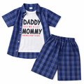 Blue check summer coord set for boys, ages 1-12, featuring a short-sleeve top and matching shorts from lilcubspk.