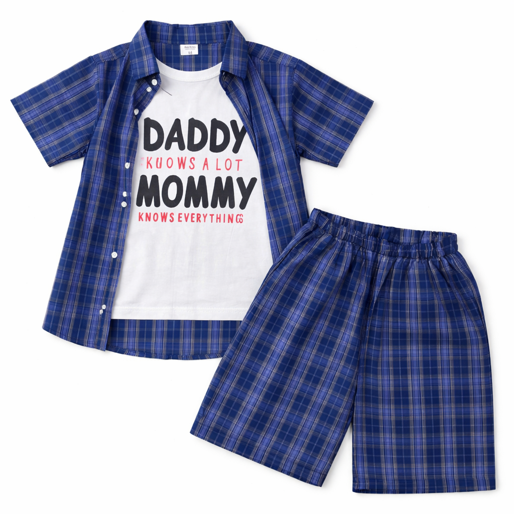 Blue check summer coord set for boys, ages 1-12, featuring a short-sleeve top and matching shorts from lilcubspk.