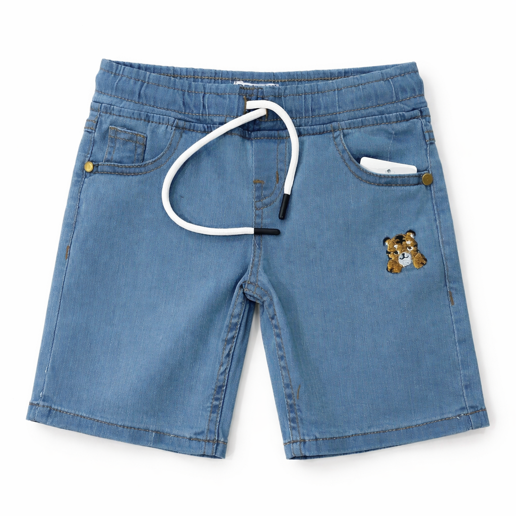 Boys' blue denim shorts in various shades by lilcubspk, size 9 months to 12 years, featuring classic five-pocket design.