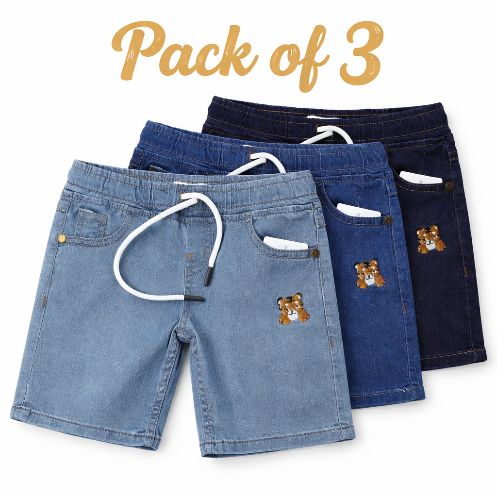 Three boys' blue denim shorts from lilcubspk, size 9 months to 12 years, displayed on hangers with a casual background.