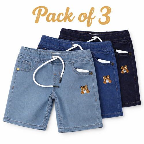 Three boys' blue denim shorts from lilcubspk, size 9 months to 12 years, displayed on hangers with a casual background.