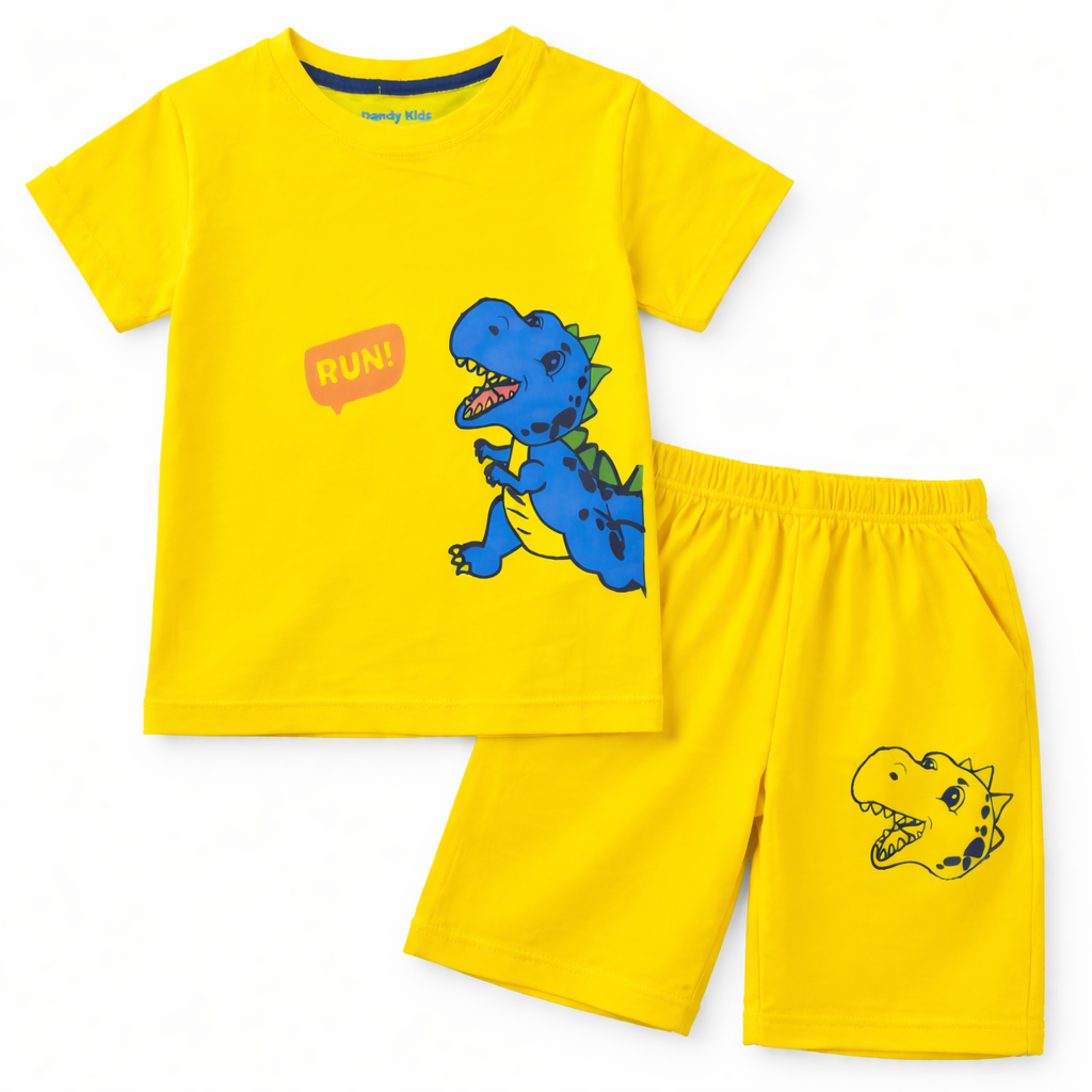 Yellow summer boys' coord set with dinosaur print, made of cotton jersey, for ages 1 to 10 by lilcubspk